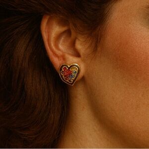 Vintage Gold Tone Cloisonné Heart Earrings with Floral Design